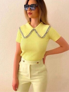 Zara Lemon Ribbed Short-Sleeve Top with Embellished Collar